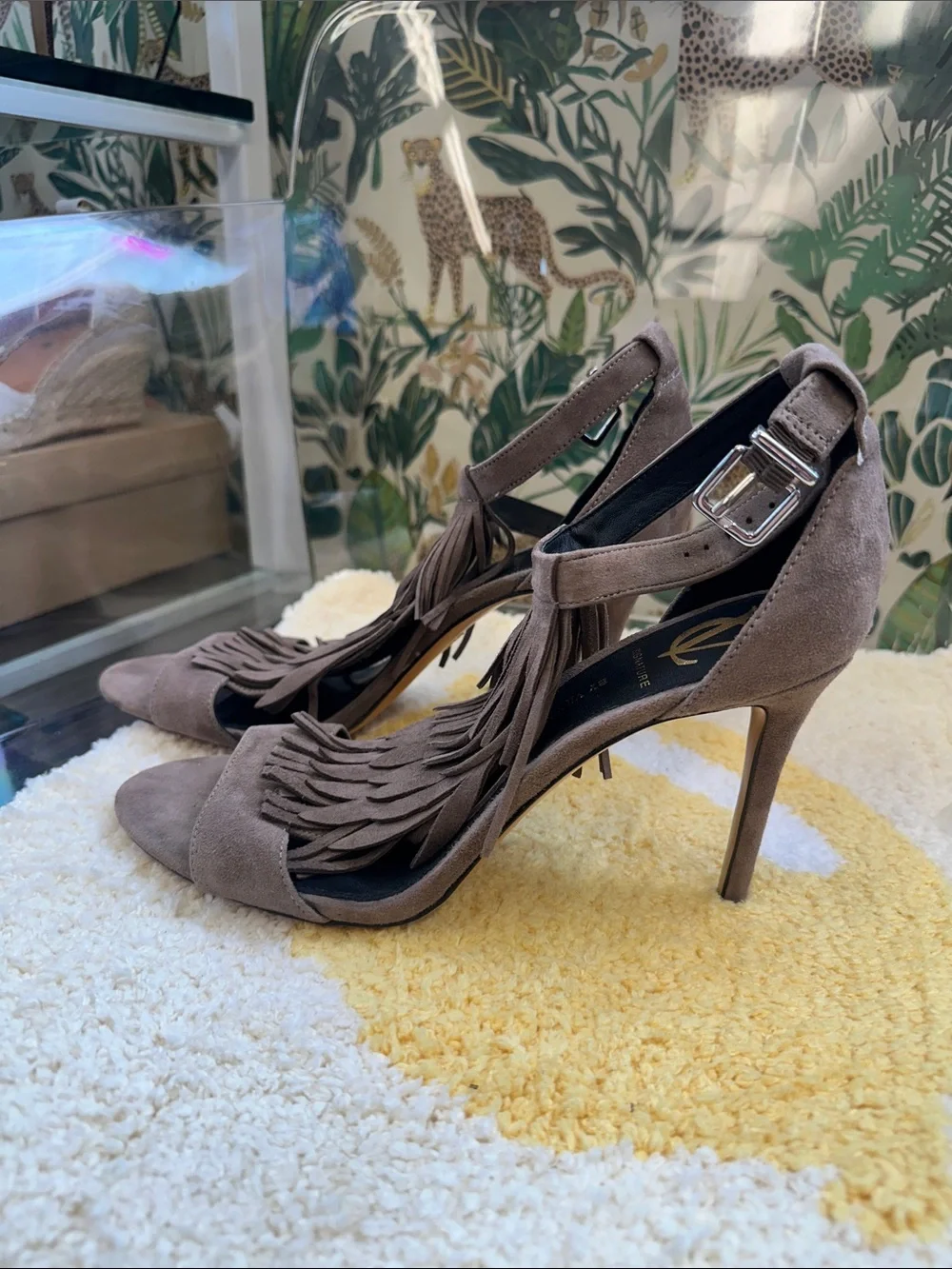 Vince Camuto Fringe Suede Ankle Strap Heels - Taupe